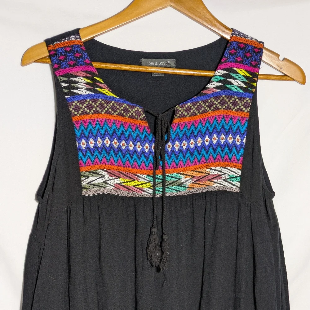 Women's 5th & Love Colorful Embroidered Black Boho Summer Fun Dress Sz M - Picture 4 of 10
